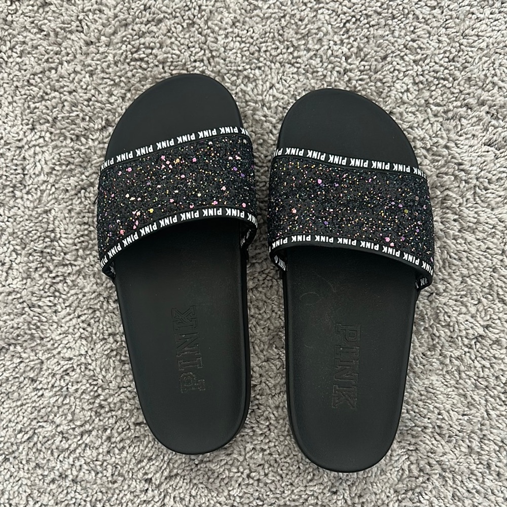 PINK Victoria's Secret Black Glitter Slides